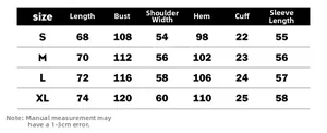Size chart table for loose printed denim jacket showing S to XL detailed measurements
