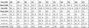 Detailed size chart for black slim stretch printed jeans with waist and hip measurements