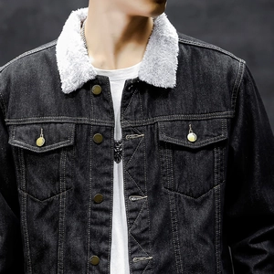Men's dark grey fleece-lined denim jacket with warm grey faux shearling collar