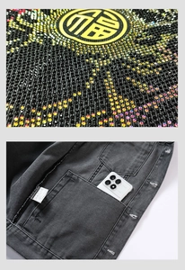 Detail of rhinestone tiger emblem and large inner pocket on gray denim jacket