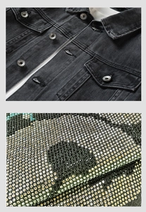 Macro view of metallic buttons and colorful rhinestone patterns on a denim jacket