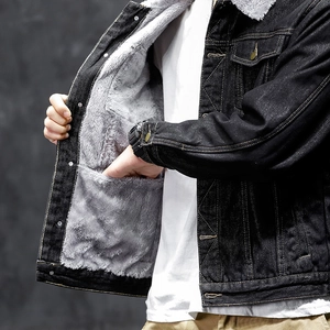 Men's black denim jacket with thick gray faux fur lining and functional inner pocket