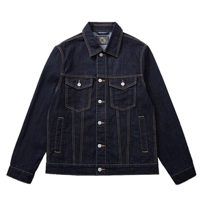 Classic dark blue raw denim jacket with orange stitching and vintage workwear style