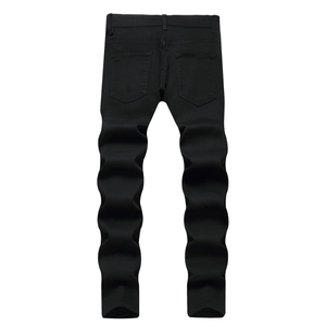 Men's slim-fit black denim jeans featuring back pockets and a stack effect design