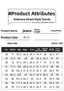 Comprehensive size chart for men's distressed slim jeans ranging from sizes 28 to 38