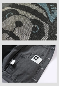 Detailed view of the panda diamond pattern and practical interior pocket on the denim jacket