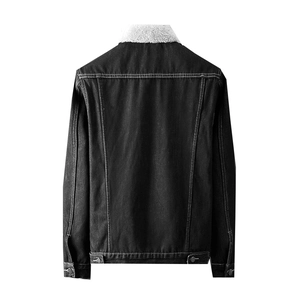 Men's winter denim jacket in black-grey with a white fleece collar and back view details