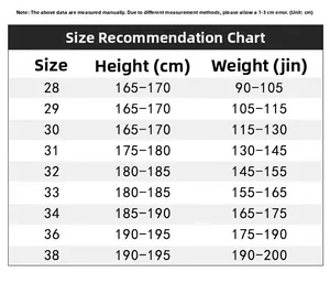 Detailed size chart for men slim fit ripped jeans showing height and weight recommendations