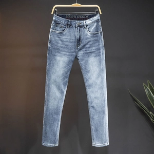Men Slim Fit Straight Jeans Washed Light Blue Denim Pants With Embroidered Waist Streetwear Casual Multi Pocket Trousers