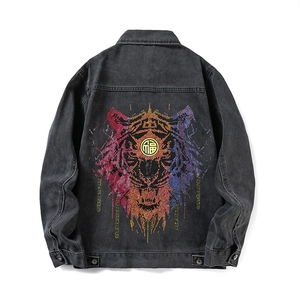 Men Washed Denim Jacket Colorful Tiger Head Rhinestone Streetwear Hip Hop Loose Fit Casual Outerwear Cotton Black Top