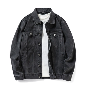 Men's loose wash denim jacket in black grey with front pockets and white t-shirt