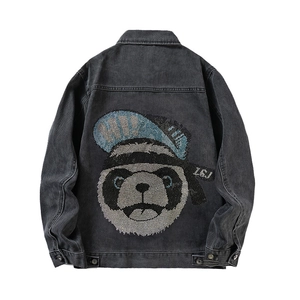 Men Washed Denim Jacket Heavy Craft Rhinestone Panda Hip Hop Streetwear Loose Cotton Outerwear Casual Autumn Coat