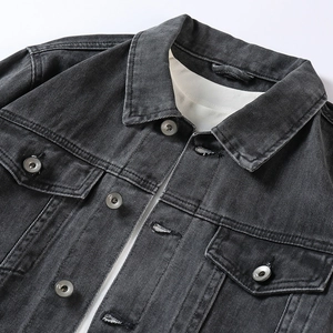 Men's loose black denim jacket with colorful tiger motif and vintage metal buttons