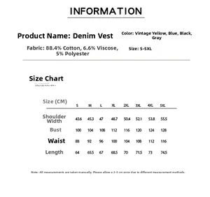 Detailed size chart for denim vest jacket with chest and length measurements for S to 5XL