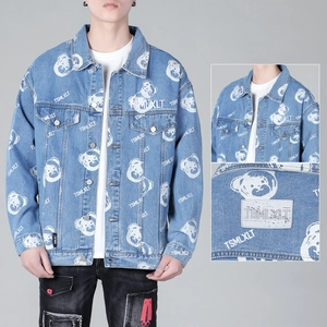 Men Casual Bear Print Denim Jacket Streetwear Light Blue Loose Fit Lapel Single Breasted Jean Coat Fashion Trendy Outwear