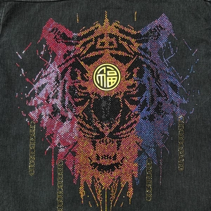 Men's loose black denim jacket featuring a colorful rhinestone tiger head on the back
