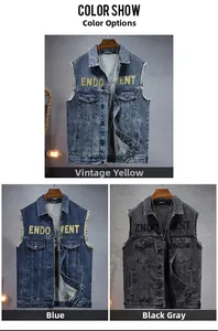 Detailed views of vintage denim vests in yellow, blue, and grey with fringe and letter print