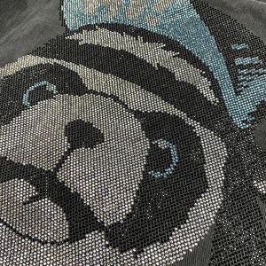 Mens dark grey washed denim jacket with premium rhinestone panda graphic design