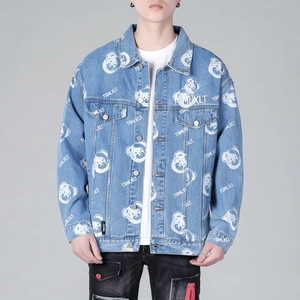 Light blue oversized denim jacket with bear print and TSMLXLT letters for men and women