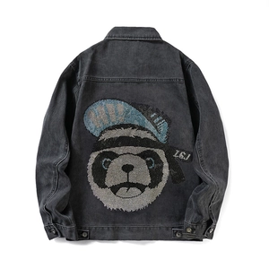 Loose fit washed black denim jacket for men featuring a trendy panda graphic on the back