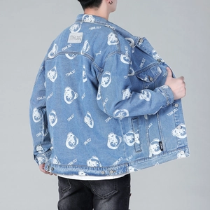 Light blue loose fit denim jacket featuring all-over white bear and letter prints