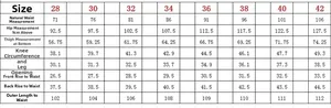 Detailed size chart for men's slim fit jeans with waist and hip measurements