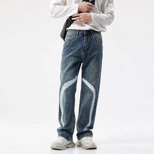 Jeans Droits en Denim Délavé pour Hommes Graffiti à Éclaboussures de Peinture Streetwear Rétro Américain Coupe Large Casual