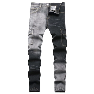 Men's slim fit patchwork cargo jeans with contrast color pockets and washed denim finish