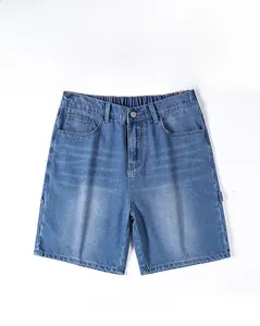 Detail of light blue denim shorts featuring elastic waistband and metal button closure