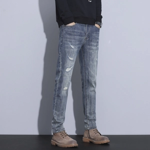Men Slim Fit Ripped Jeans Distressed Blue Washed Denim Pants With White Paint Splatter Design Streetwear Casual Fashion