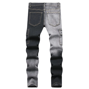 Men's slim fit cargo jeans featuring unique black and grey color block spliced design