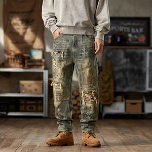 Men American Retro Ripped Jeans Heavy Wash Distressed Patchwork Loose Fit Tapered Denim Pants Streetwear Vintage Jeans