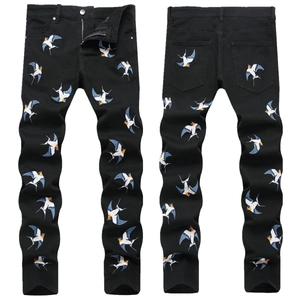 Men Black Slim Fit Jeans Multicolor Swallow Embroidery High Street Stretch Denim Pants Fashion Casual Trousers Young Men
