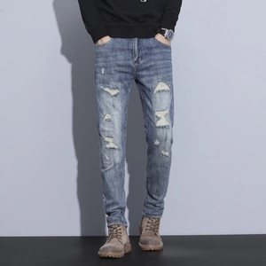 Men's Vintage Distressed Ripped Jeans Denim Cotton Blend Slim Fit Straight Leg Washed Blue Casual Streetwear Trousers