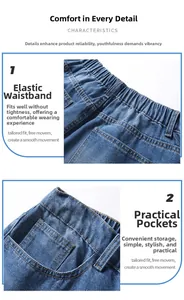 Detailed view of elastic waist and practical side pockets on blue denim shorts