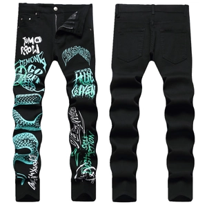 Men Streetwear Graffiti Printed Jeans Slim Fit Cotton Elastane Denim Pants With Snake Pattern And Letter Print Tapered Leg