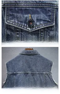 Detail view of washed blue denim vest featuring alloy buttons and raw fringe edges