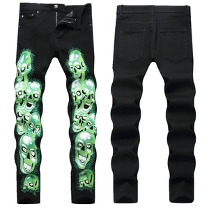 Jean en Denim pour Homme avec Imprimé Crâne Gothique Coupe Slim Stretch Hip Hop Streetwear Pantalon Noir