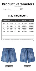 Detailed size chart and fabric specifications for men's casual denim shorts
