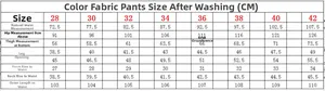 Detailed size chart for men's slim fit casual trousers including waist and hip measurements