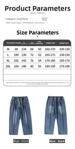 Detailed size chart for blue loose wide-leg jeans with cotton fabric parameters