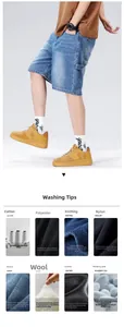 Detail of light blue washed denim cargo shorts with fabric care instructions guide