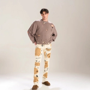 Men's distressed knit sweater and slim patched jeans set with punk embroidery and street style