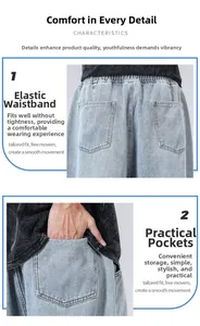 Dettaglio della vita elastica e delle tasche funzionali su jeans denim azzurri larghi