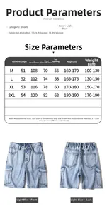 Tabella taglie per pantaloncini cargo in denim con misure e composizione del tessuto