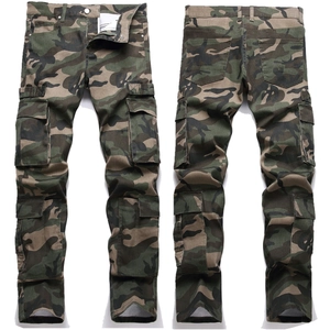 Men Jungle Camouflage Cargo Pants Cotton Spandex Multi Pocket Slim Fit Straight Leg Denim Trousers For Outdoor Casual Wear