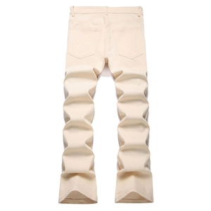Street style punk beige stacked flare jeans with back pockets and embroidered details