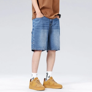 Men's loose fit casual denim shorts with faded blue wash for summer street style wear