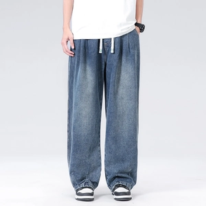 Men Washed Blue Jeans Loose Straight Wide Leg Pants Elastic Drawstring Waist Casual Streetwear Cotton Blend Trousers Men