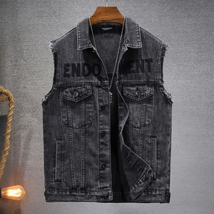 Men's loose denim vest in dark grey with industrial style letter print and frayed armholes